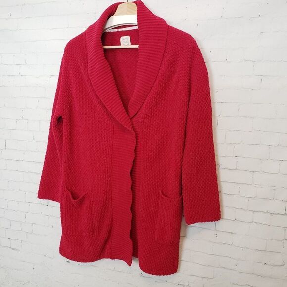 Lucky Brand Chenille Knit Red Sweater Size S / M Cardigan Cozy Open Front Y2K - Picture 2 of 8